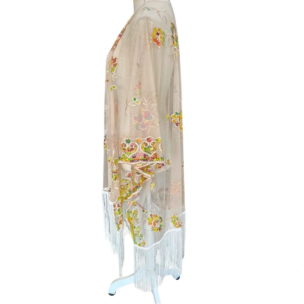 NWT Antthony Sheer Kimono with Multicolor Embroidery and Sequins - Picture 3 of 9